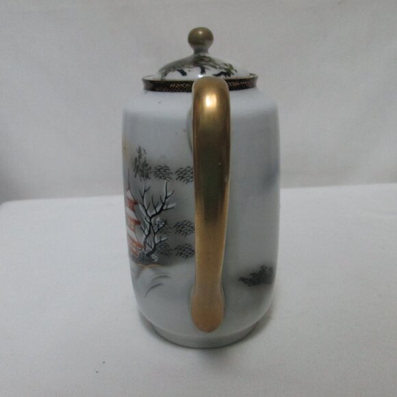 Vintage Porcelain Teapot with Spout Hand-painted Japanese Village 7" tall w/ Lid - Picture 4 of 12